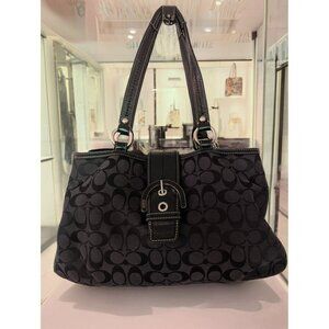 Vntg Coach Black Fabric Signature Soho Shoulder Bag Leather Trim & Buckle Accent